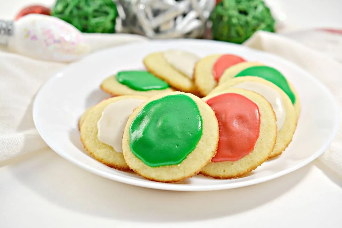 easy keto Christmas cookies with red green and white frosting that are kid approved