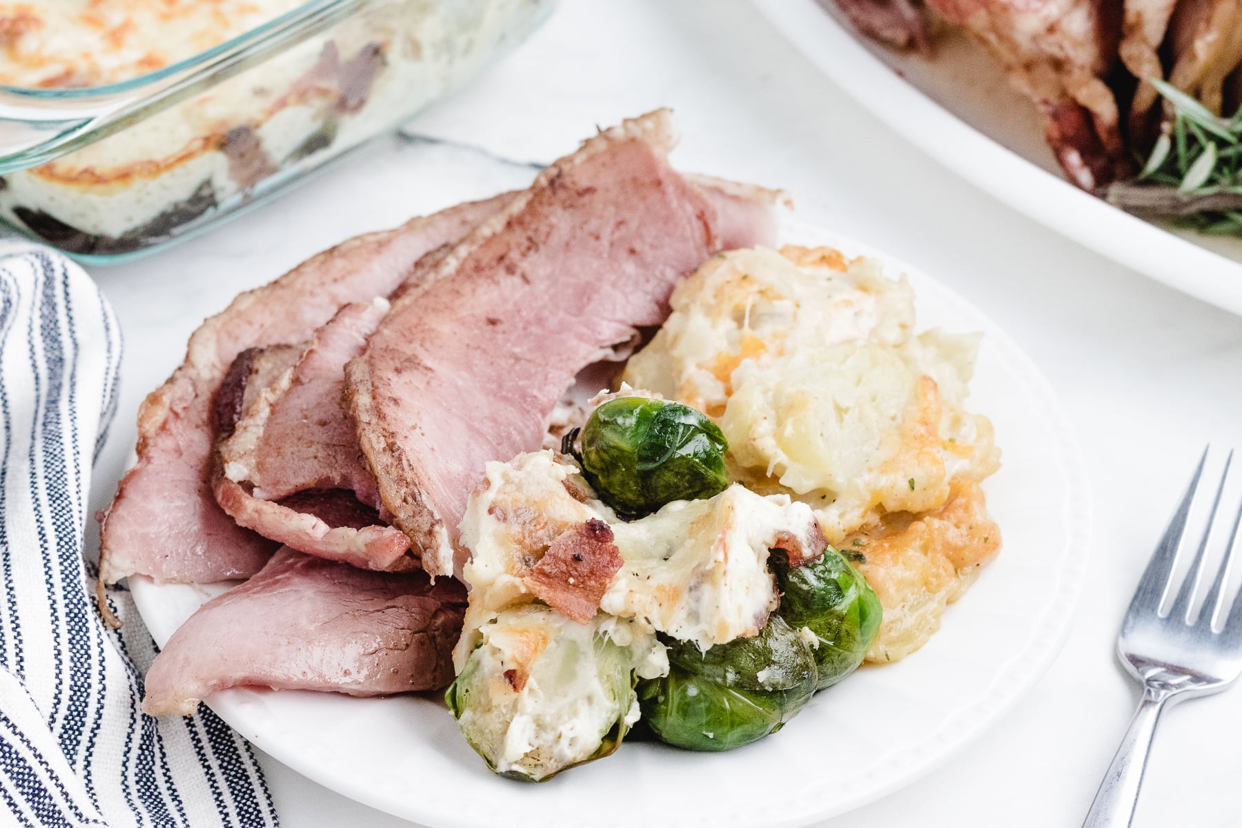 brussel sprouts casserole with bacon featured with ham and cauliflower