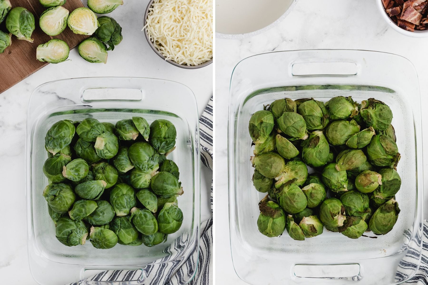 roast the brussel sprouts in the oven before making the cheese sauce
