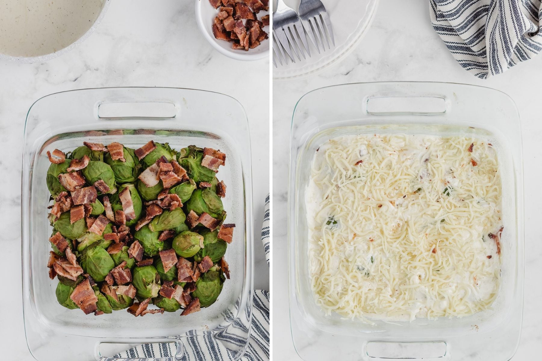 add the bacon and cheese sauce to the brussel sprouts in the casserole dish