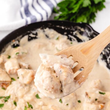 keto alfredo sauce on a spoon with chicken