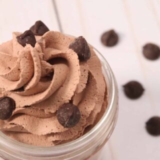 cream cheese keto dessert that's chocolate mousse in a jar with chocolate chips