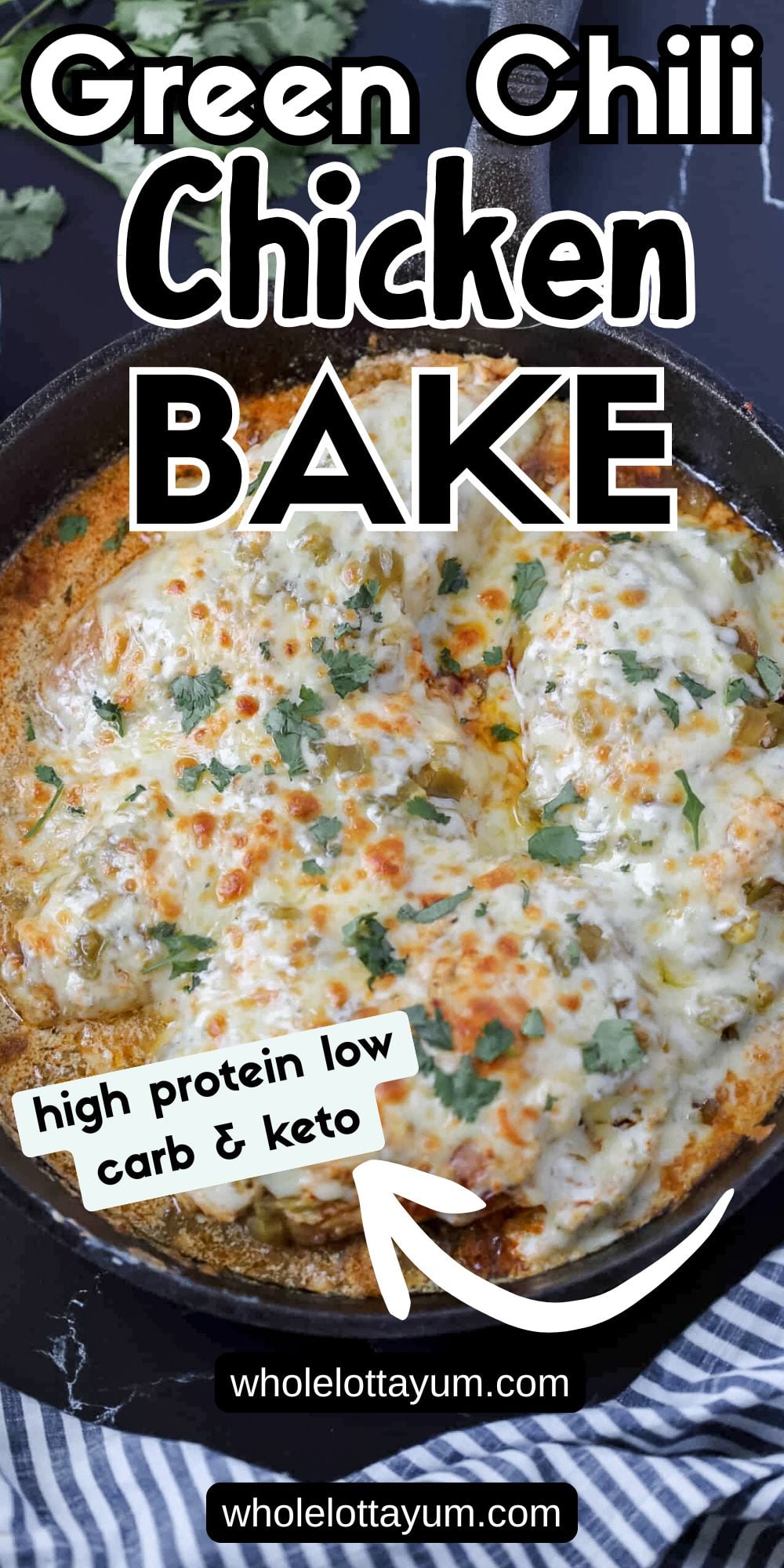 low carb green chili chicken bake with chili verde sauce and cream cheese pin for pinterest