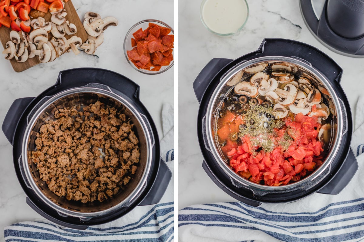 loaded pizza soup ingredients getting added to a pressure cooker before cooking