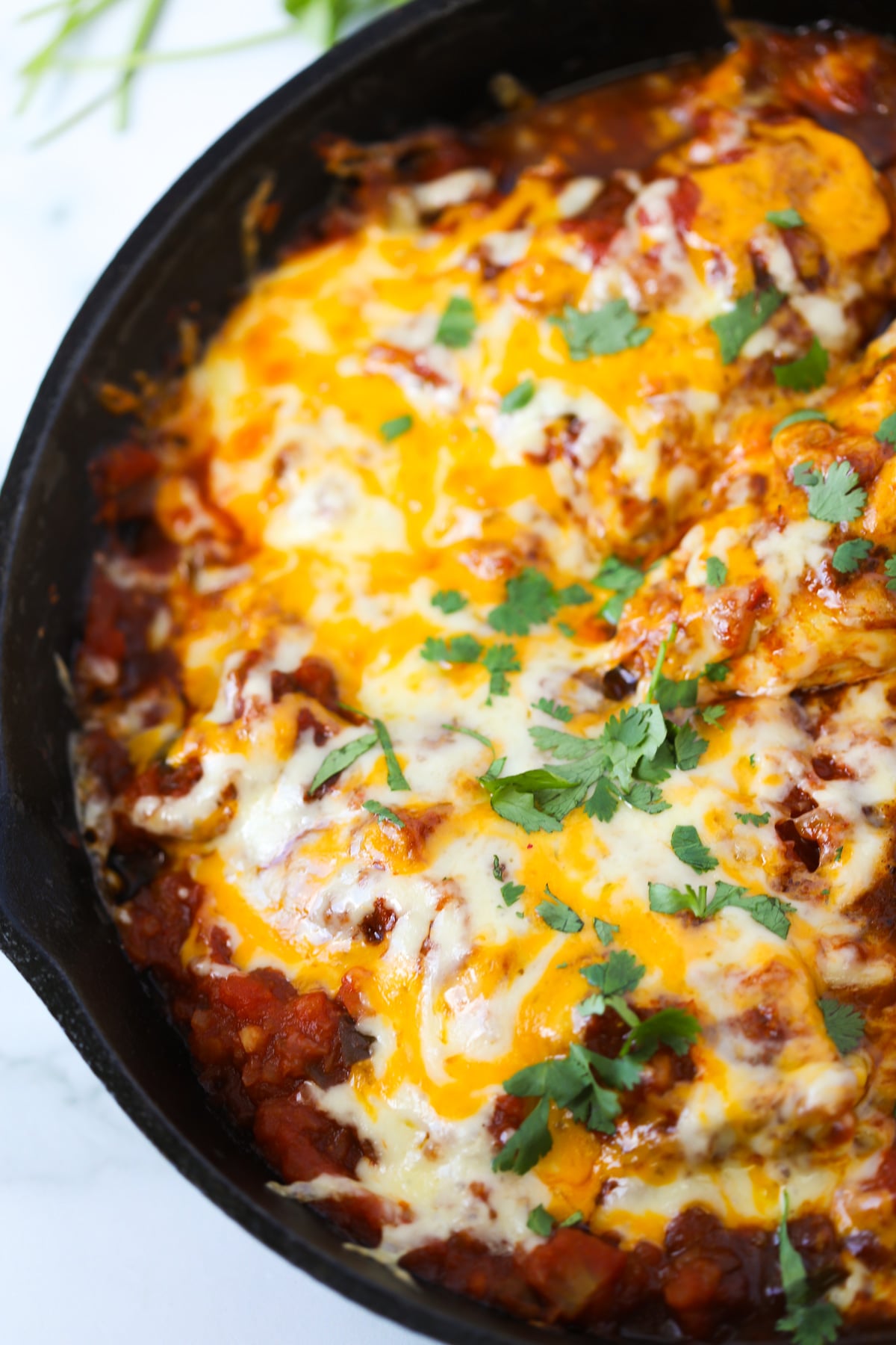 salsa baked chicken in a skillet