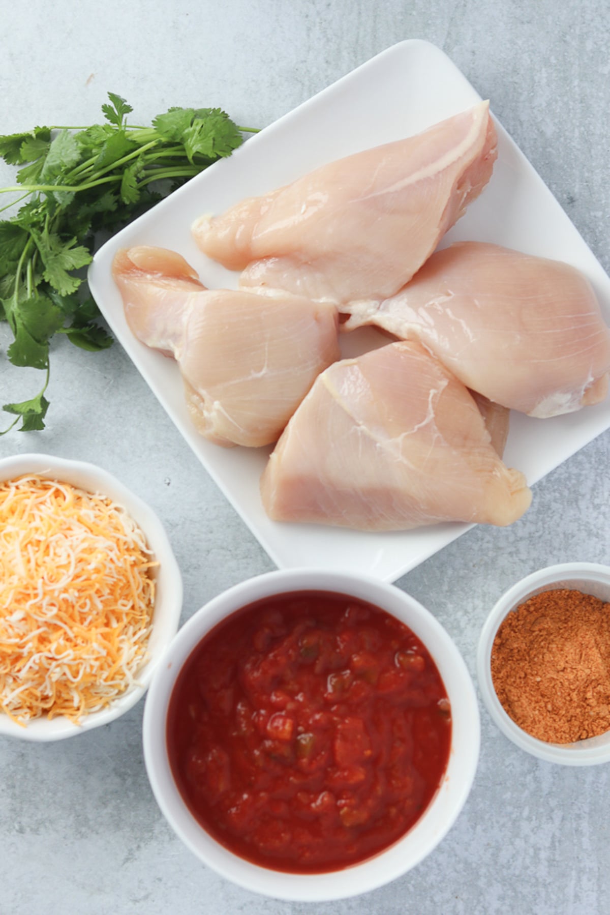 salsa chicken bake ingredients on a gray cutting board