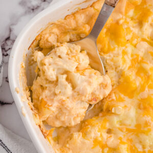 keto mac and cheese on a spoon close up image