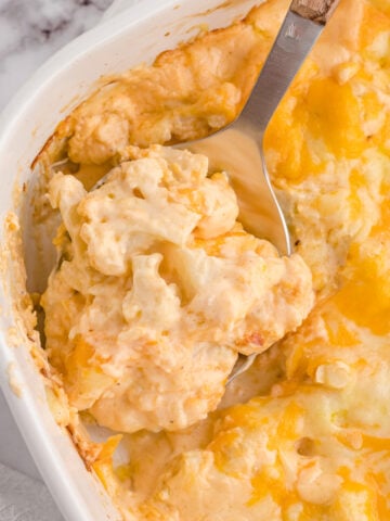 keto mac and cheese on a spoon close up image
