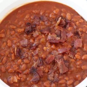 pressure cooker baked beans in a white bowl