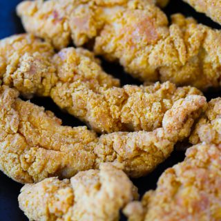air fryer frozen chicken tenders up close after cooking