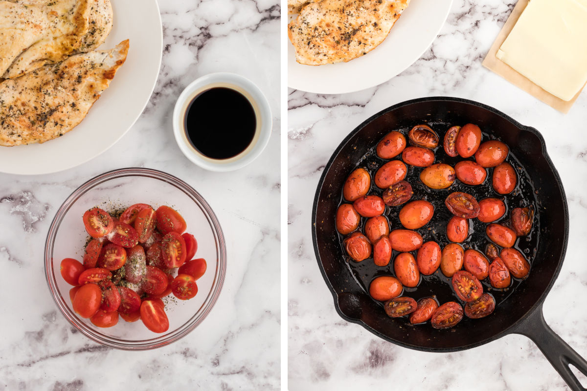 season the cherry or grape tomato halves with balsamic syrup. Then saute them in a skillet to release the juices.