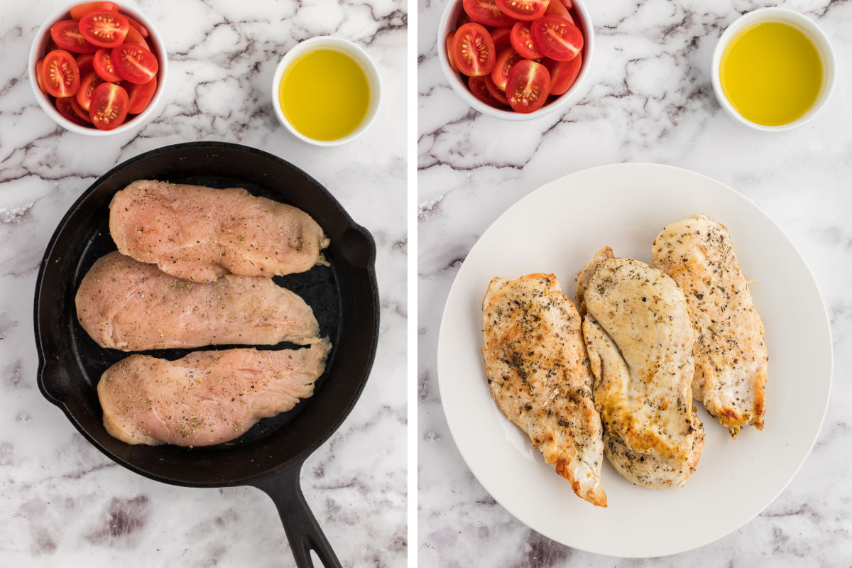 slice the chicken breasts into cutlets then season and sear in a cast iron skillet