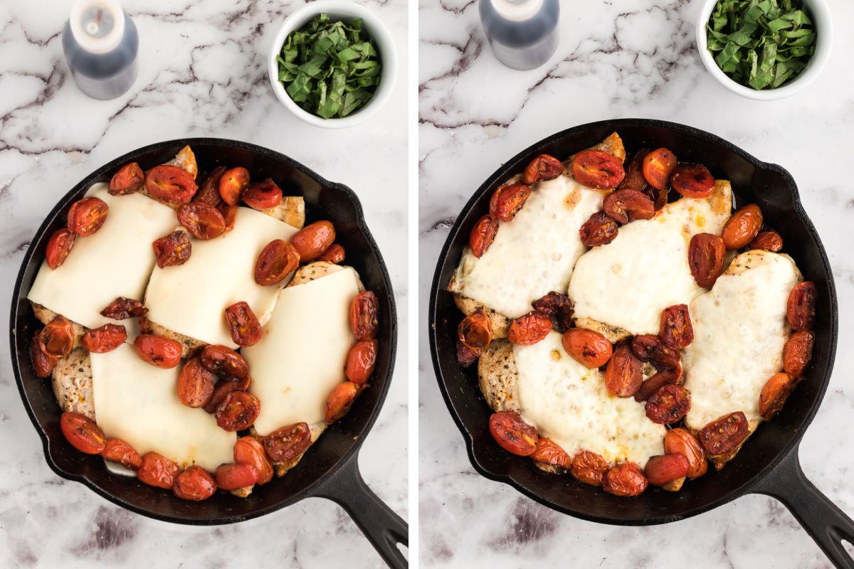 adding mozarella cheese slices to the chicken and tomatoes in a cast iron skillet, then melting the cheese in the oven.