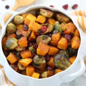 close-up of the roasted brussel sprouts and butternut squash in a serving dish