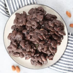 sugar free chocolate covered almonds on a white plate