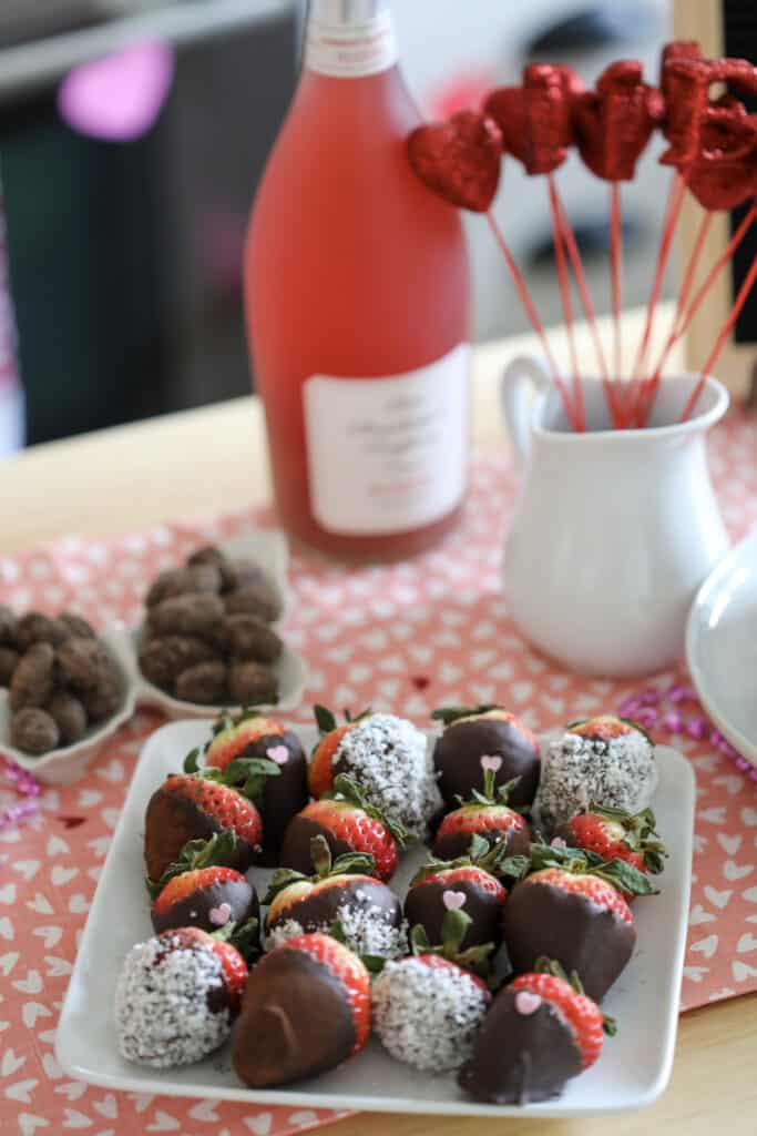 keto chocolate strawberries with Valentines day decor