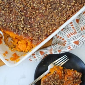 pressure cooker sweet potato casserole close up image with a serving on a plate
