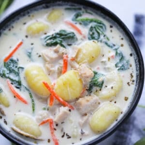 chicken gnocchi soup instant pot recipe close up photo in a black bowl