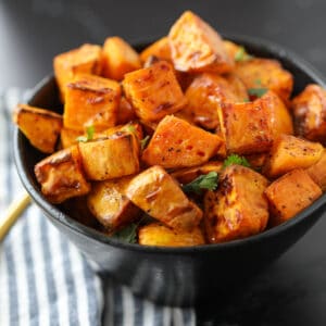 air fried sweet potato cubes finished dish