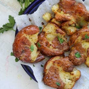 smashed potatoes air fryer 4 served on a plate