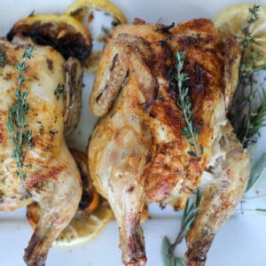 herb cornish hens air fryer recipe on a platter with fresh herbs and lemon
