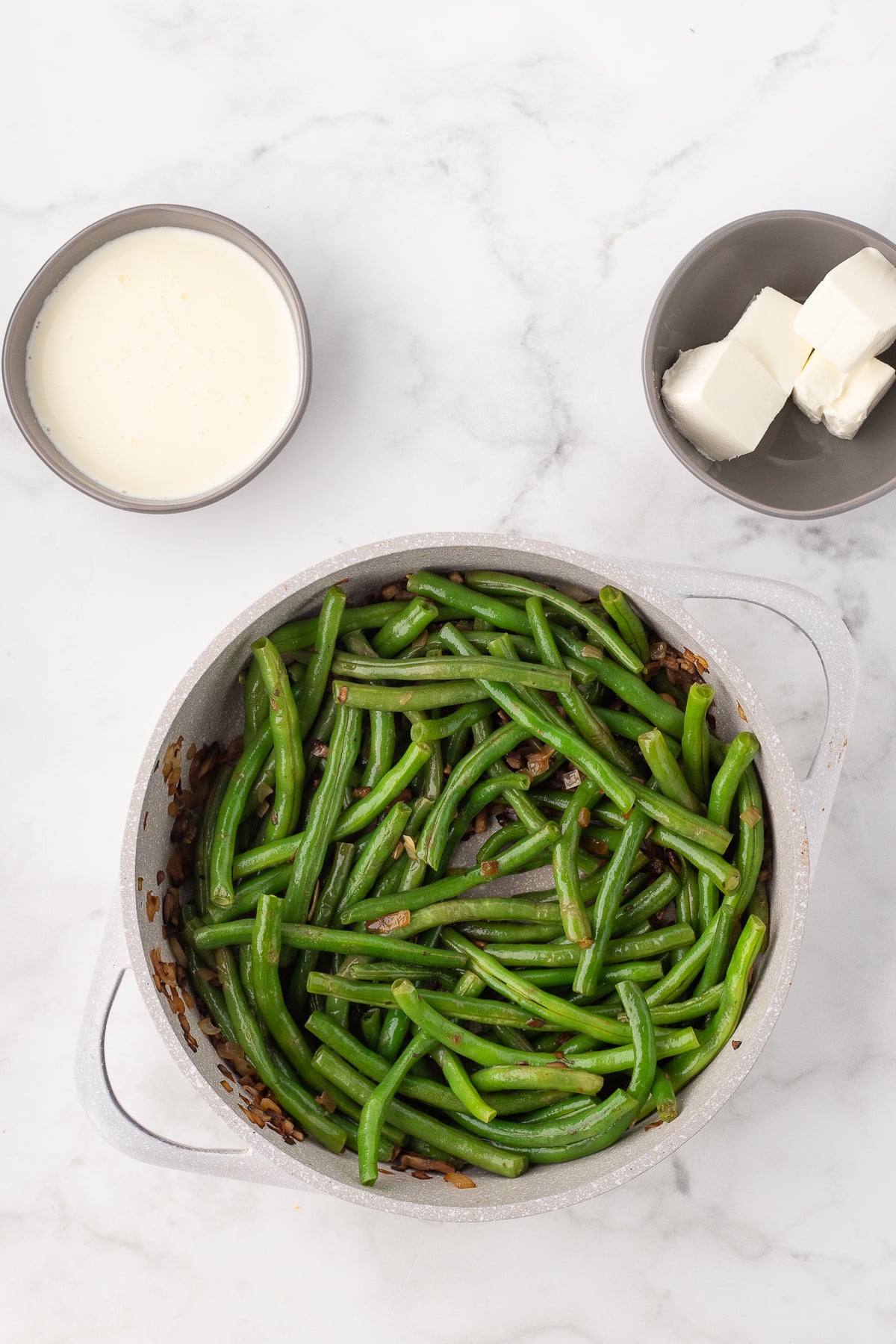 saute the green beans mushrooms and onions until they're just starting to soften