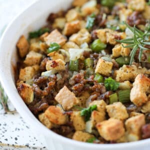 low carb stuffing with sausage close up image after baking in the oven