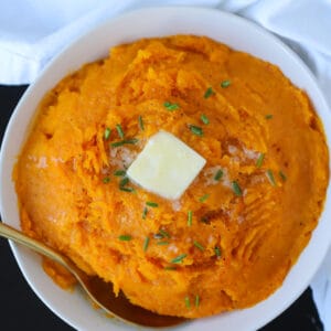 mashed butternut squash keto in a white bowl ready to serve