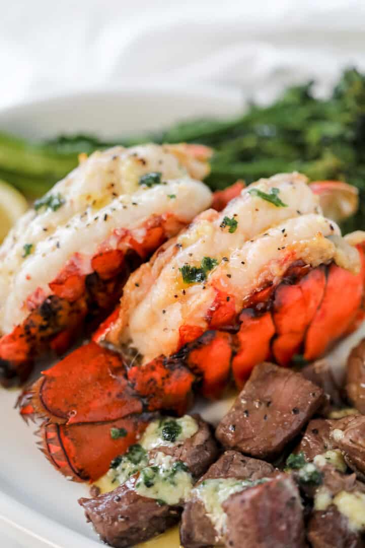 6 Min Air Fryer Lobster Tail and Steak with Garlic Butter Sauce