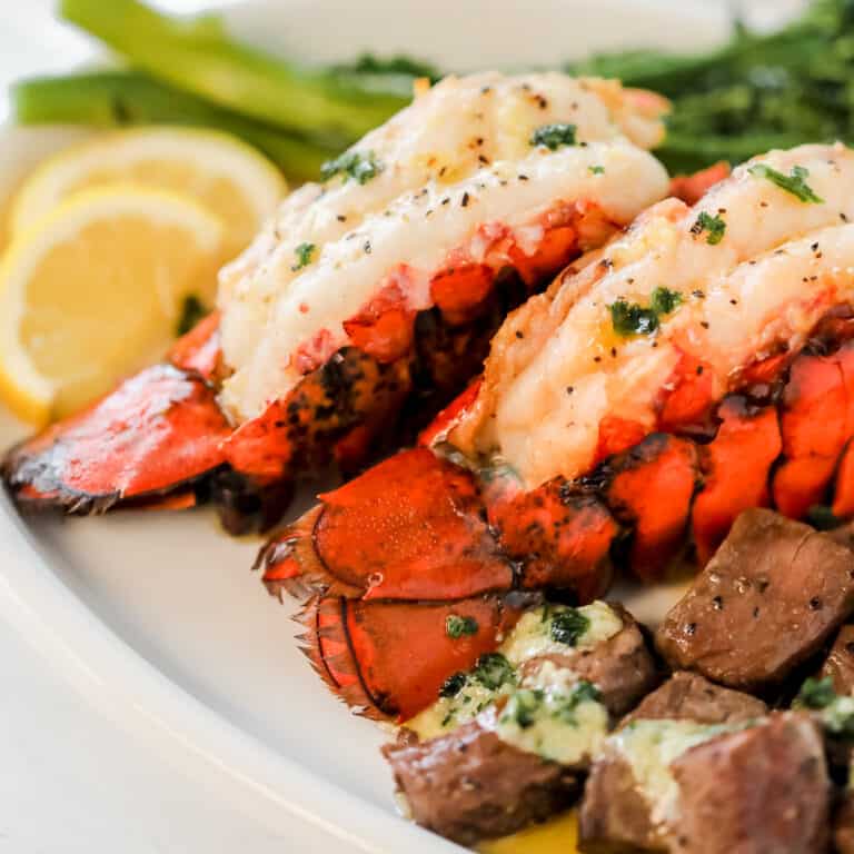 6 Min Air Fryer Lobster Tail and Steak with Garlic Butter Sauce