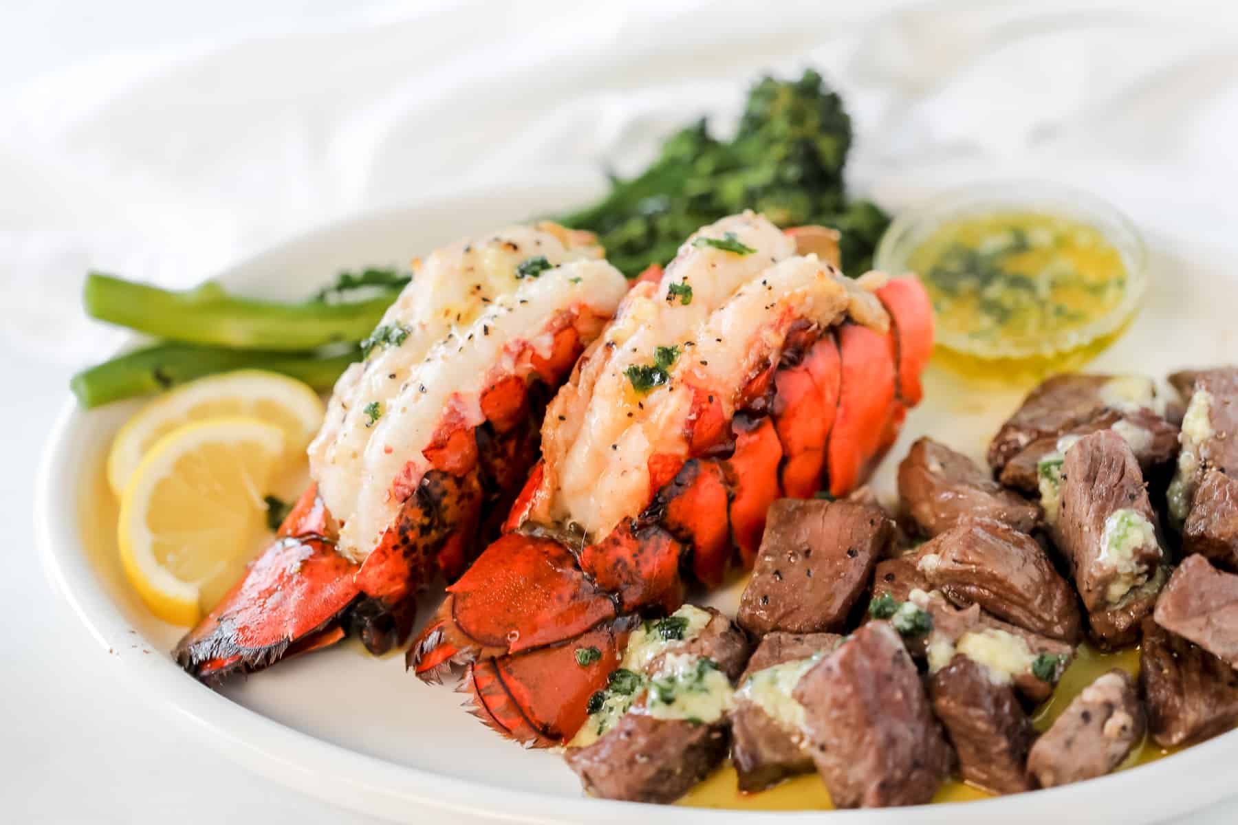 6 Min Air Fryer Lobster Tail and Steak with Garlic Butter Sauce