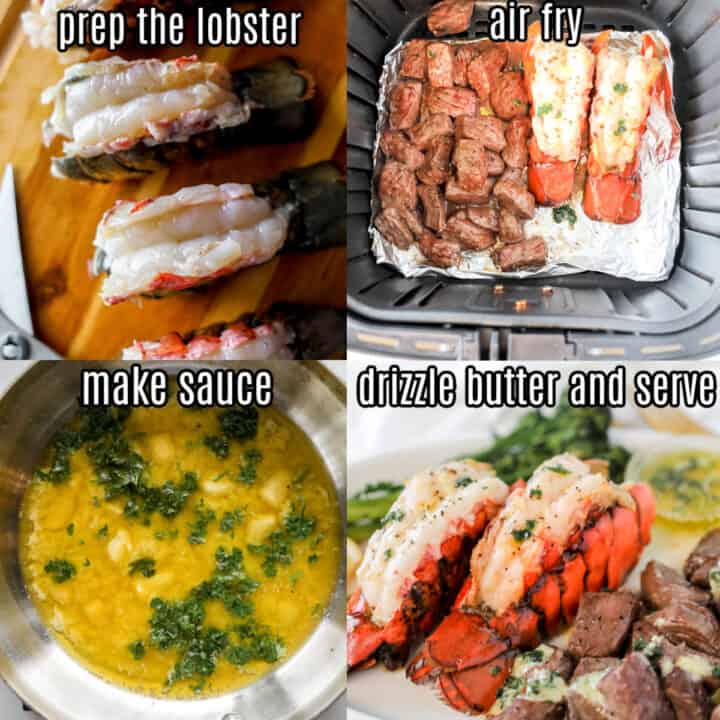 6 Min Air Fryer Lobster Tail and Steak with Garlic Butter Sauce