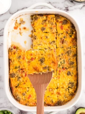 fully baked keto breakfast casserole with two slices taken out.