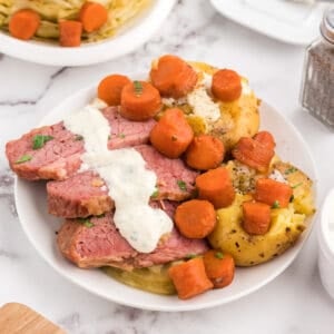 easy horseradish sauce poured on top of corned beef.