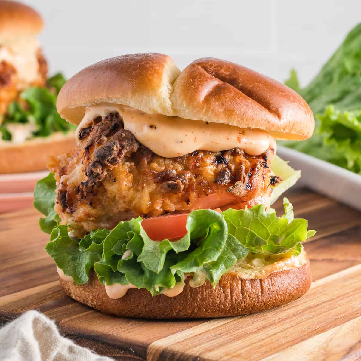 Prepared air fryer chicken sandwich ready to be served.