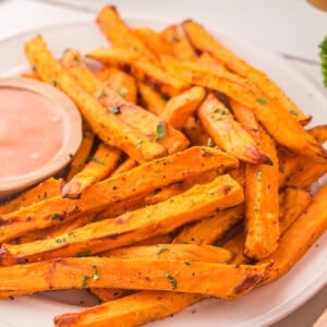 Plate of seasoned air fried sweet potatoes