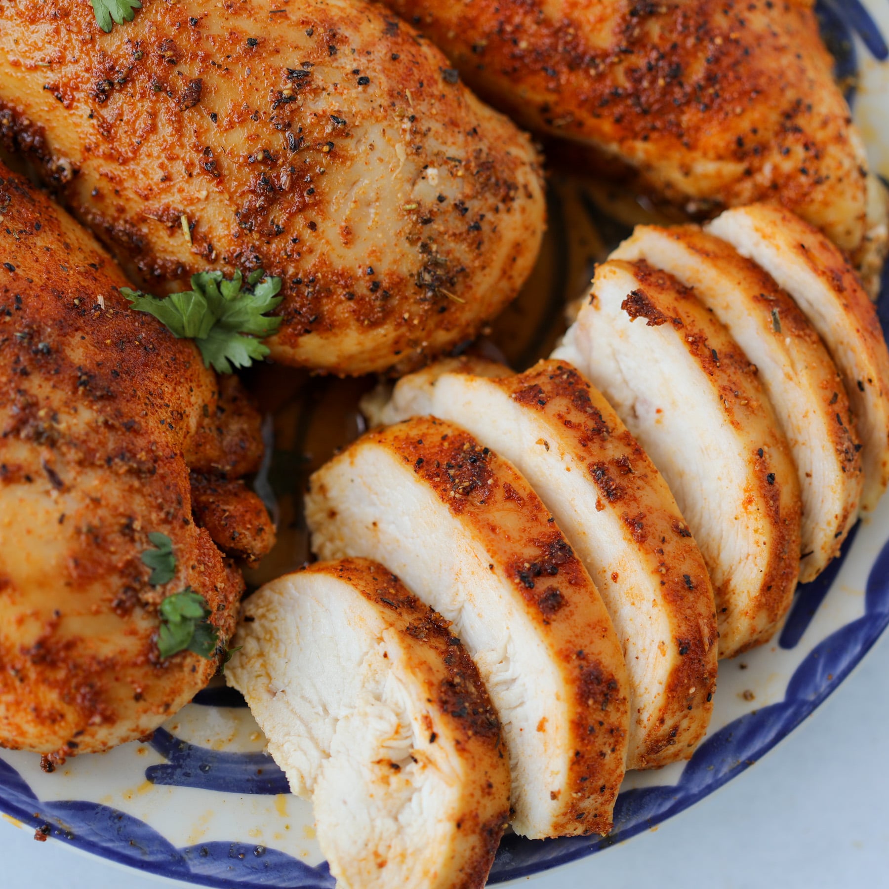 close up of the sliced chicken breast pieces before eating