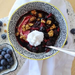 protein yogurt bowl close up image with granola sprinkled on the top
