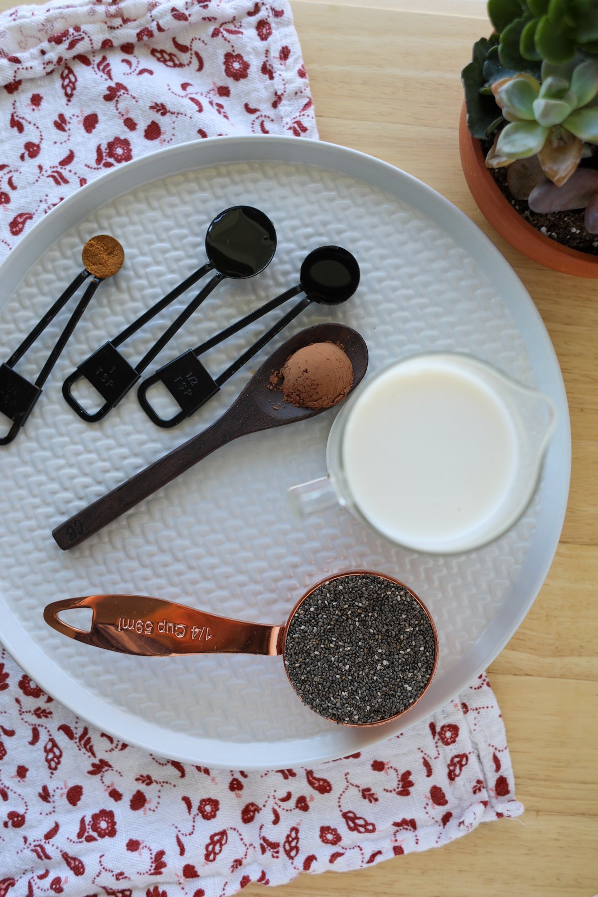 high protein chocolate chia pudding ingredients on a white plate