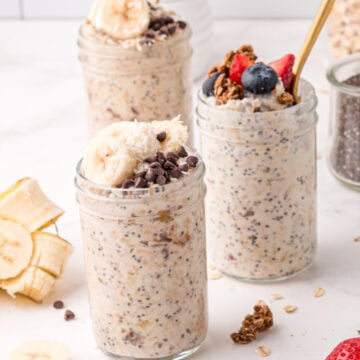 close up of peanut butter banana overnight oats in mason jars