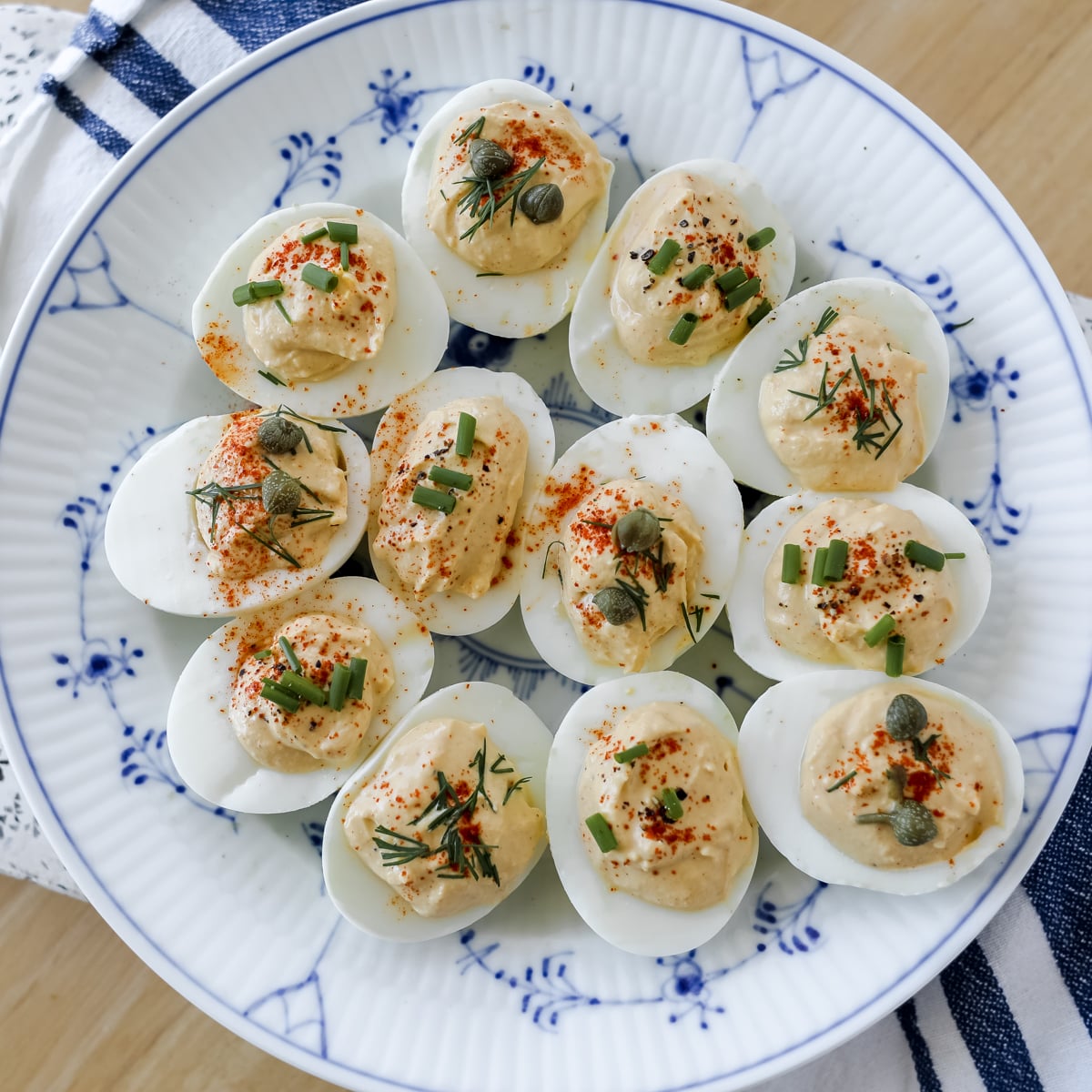 greek yogurt deviled eggs with dill close up photo on a plate