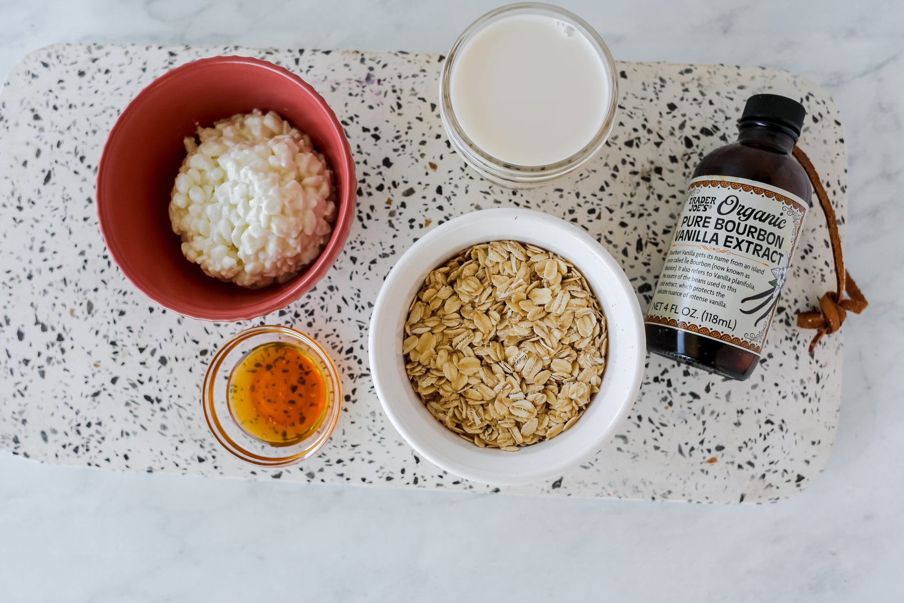 whats in overnight oats with cottage cheese on a marble cutting board
