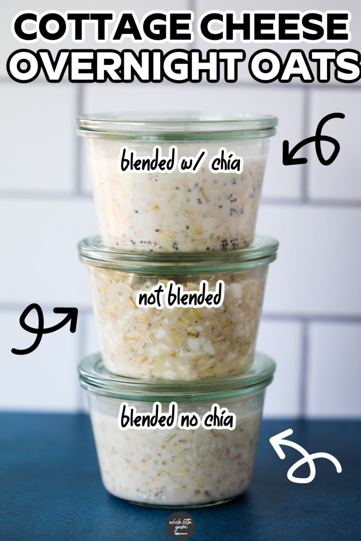 cottage cheese overnight oats 3 ways stacked on top of each other on a blue and white background