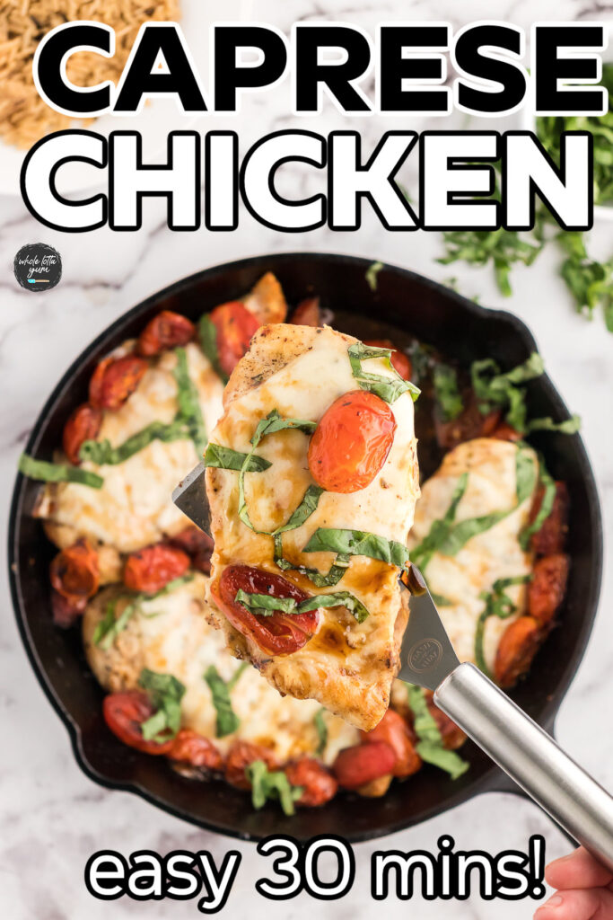 A keto high protein caprese chicken bake with chicken breast ctulets fresh mozzarella cheese basil tomatoes and a balsamic glaze in a skillet baked in the oven