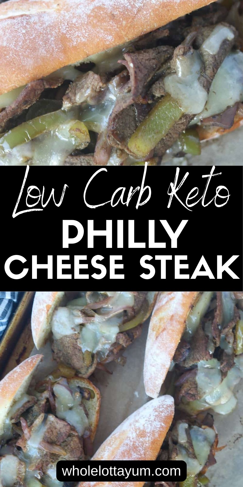 keto philly cheese steak sandwich on a low carb bun pin for pinterest