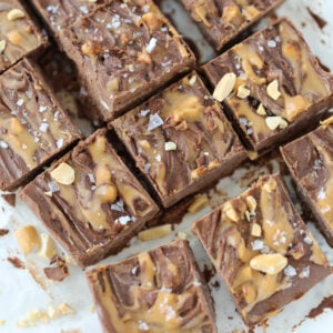 easy cottage cheese chocolate peanut butter fudge close up image on a cutting board