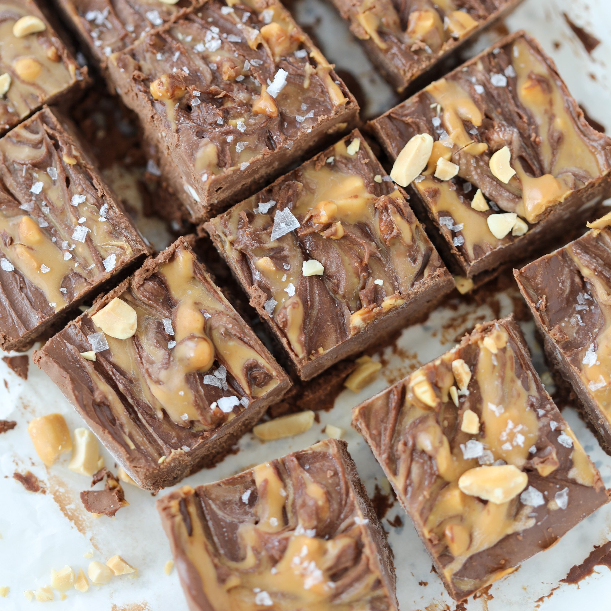 easy cottage cheese chocolate peanut butter fudge close up image on a cutting board