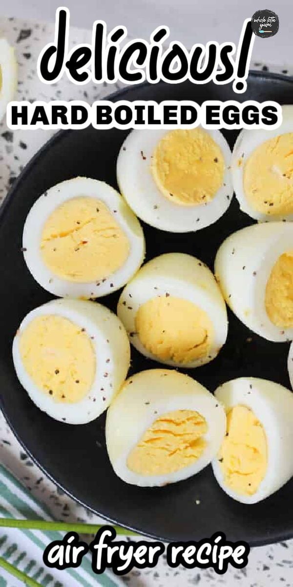 perfect air fryer hard boiled eggs pin for social media