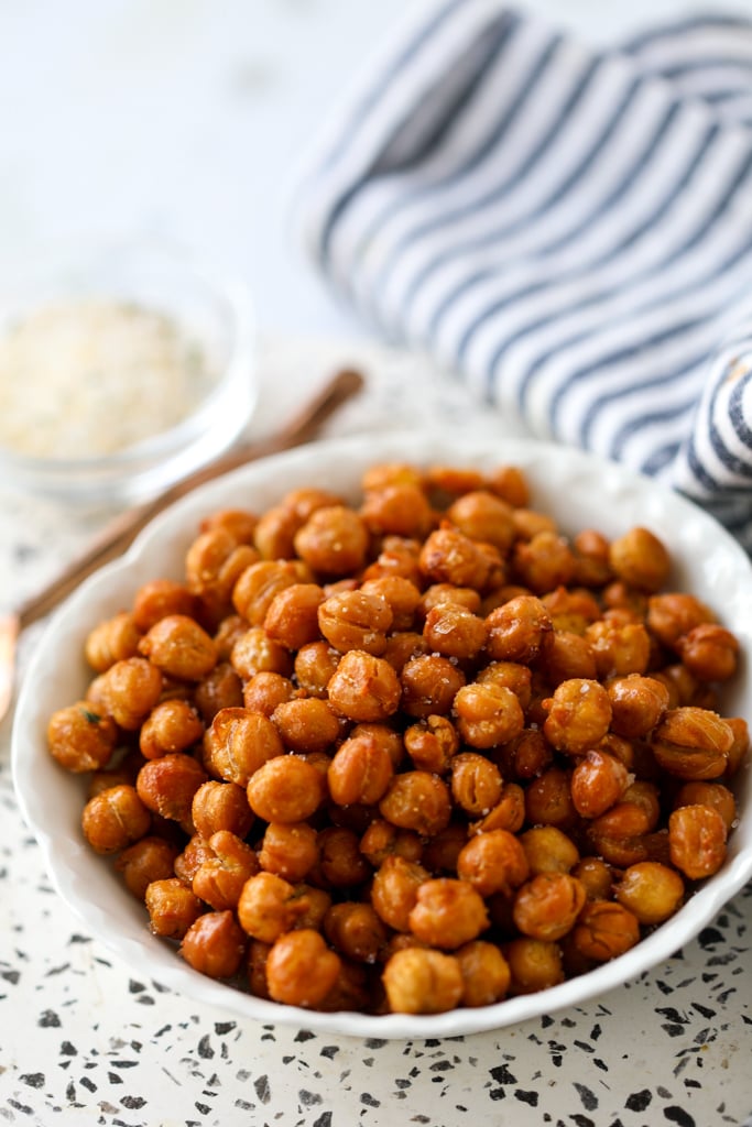 healthy and crispy air fryer chickpeas without oil in a white bowl after cooking