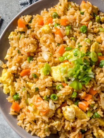 the best blackstone chicken fried rice with vegetables in a gray serving bowl close up image
